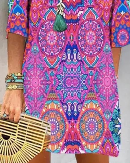 V-Neck Dress with Tribal Print