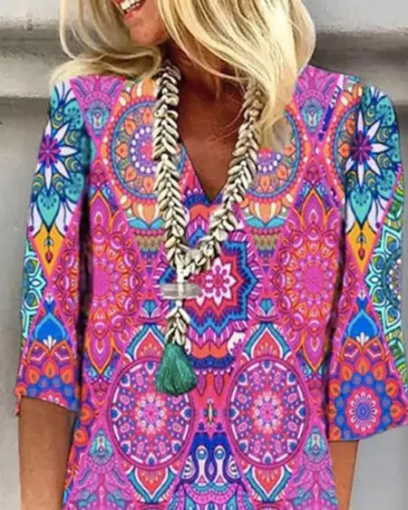 V-Neck Dress with Tribal Print