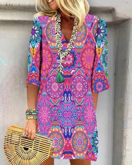 V-Neck Dress with Tribal Print