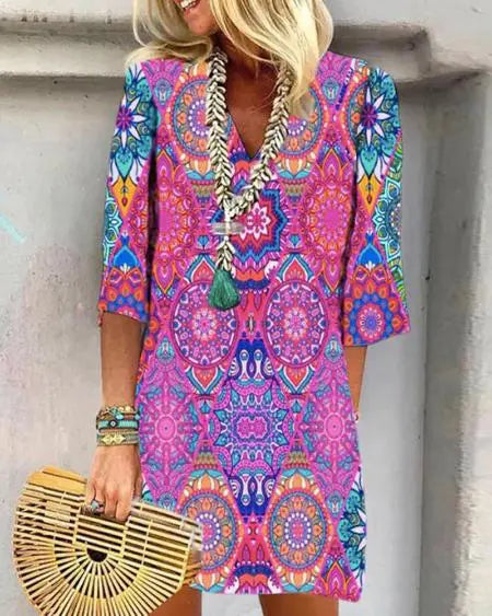 V-Neck Dress with Tribal Print
