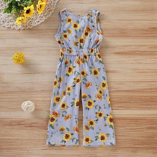 Sleeveless Baby/Toddler Sunflower Striped Printed Jumpsuit