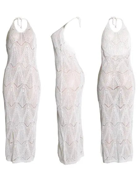 Beach Dress Cover Up: Halter with Hollow-Out Crochet Design