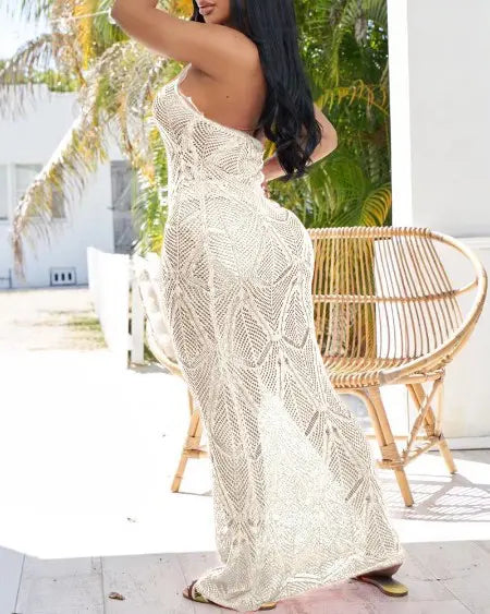 Beach Dress Cover Up: Halter with Hollow-Out Crochet Design