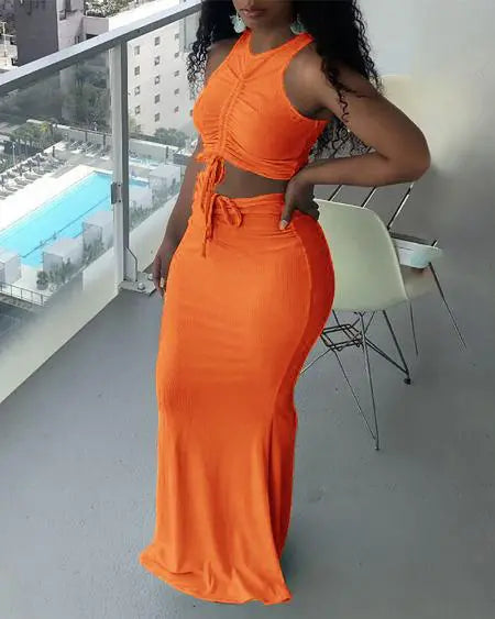 Ribbed Top & Skirt Set with Drawstring Detail