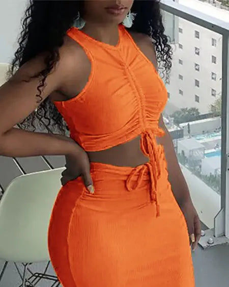 Ribbed Top & Skirt Set with Drawstring Detail