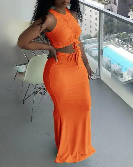 Ribbed Top & Skirt Set with Drawstring Detail