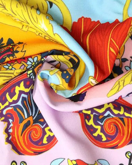 Top & Skirt Set with Scarf Print and Button Detail