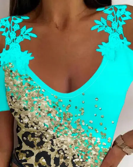 Cold Shoulder Top with Contrast Leopard Print and Lace Patch