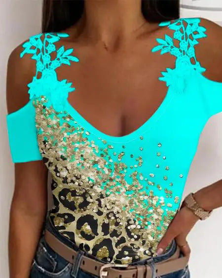 Cold Shoulder Top with Contrast Leopard Print and Lace Patch