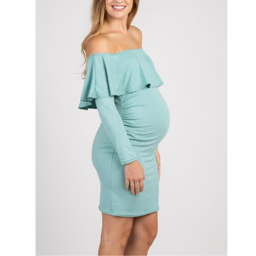 Trendy Solid One shoulder long-sleeve Maternity Dress
