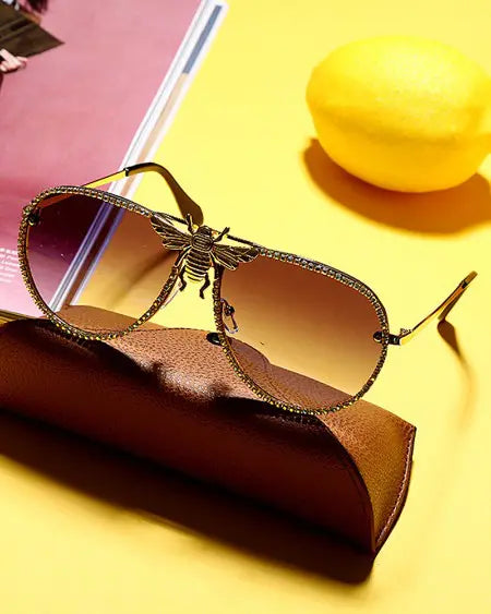 Pilot Sunglasses: Rhinestone Bee Pattern Design