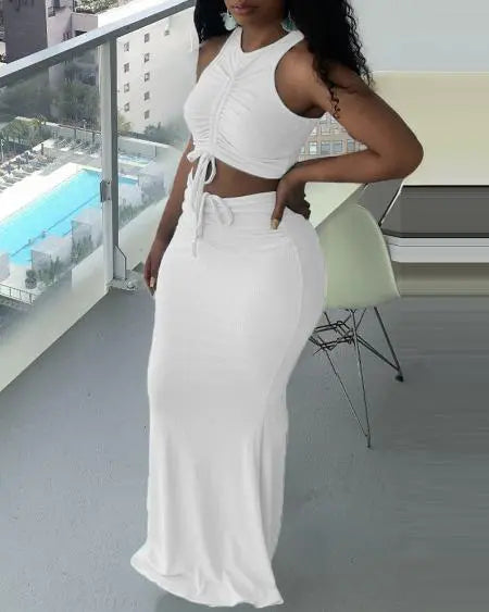 Ribbed Top & Skirt Set with Drawstring Detail