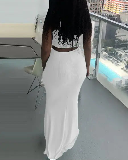 Ribbed Top & Skirt Set with Drawstring Detail