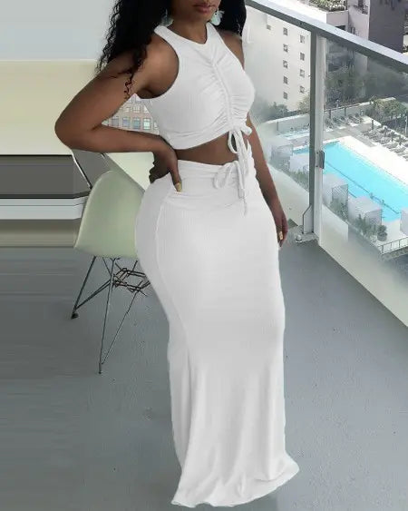 Ribbed Top & Skirt Set with Drawstring Detail