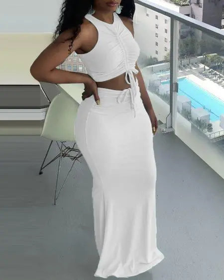 Ribbed Top & Skirt Set with Drawstring Detail