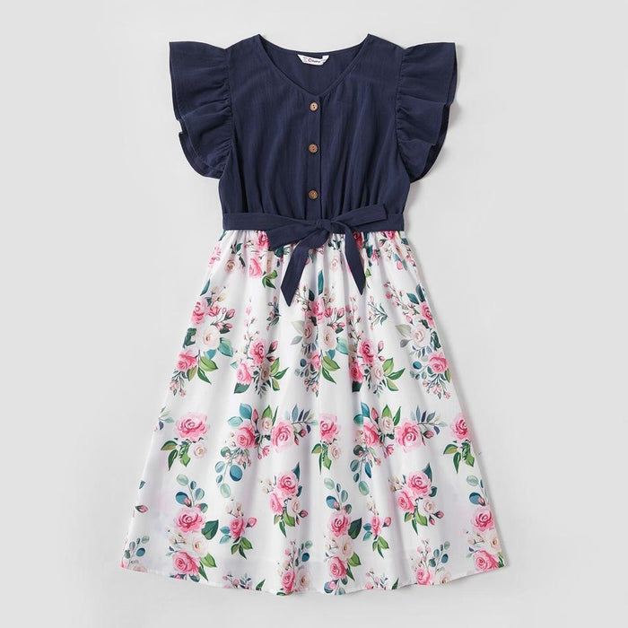 Mommy and Me Floral Bowknot Flutter-sleeve Dress Romper for Mom - Girl - Baby
