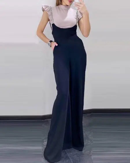 Wide Leg Suspender Pants with Chain Strap