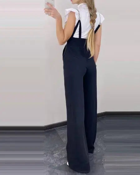Wide Leg Suspender Pants with Chain Strap