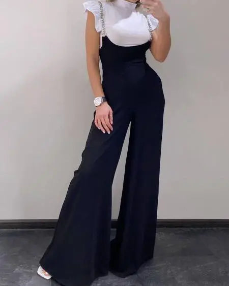 Wide Leg Suspender Pants with Chain Strap
