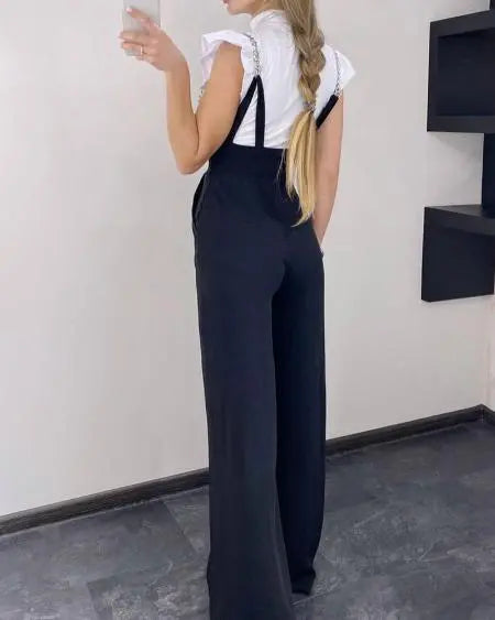 Wide Leg Suspender Pants with Chain Strap