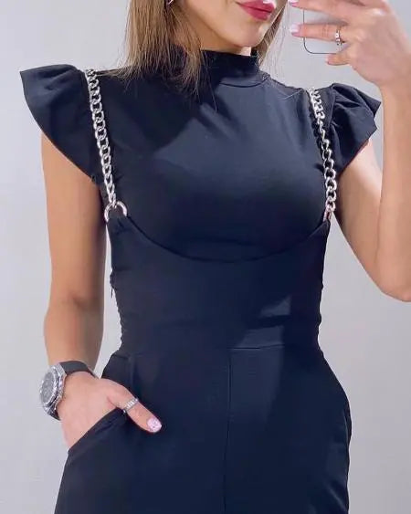 Wide Leg Suspender Pants with Chain Strap