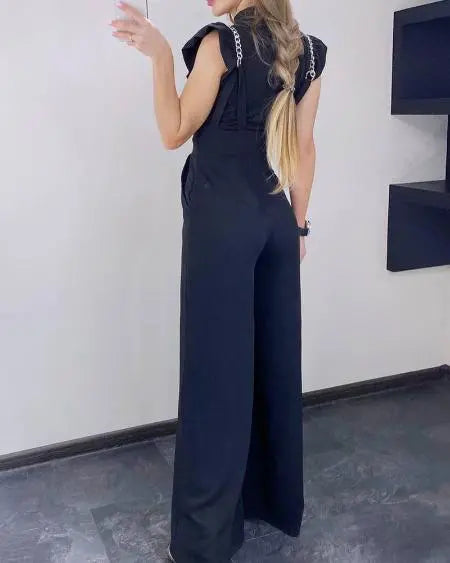 Wide Leg Suspender Pants with Chain Strap
