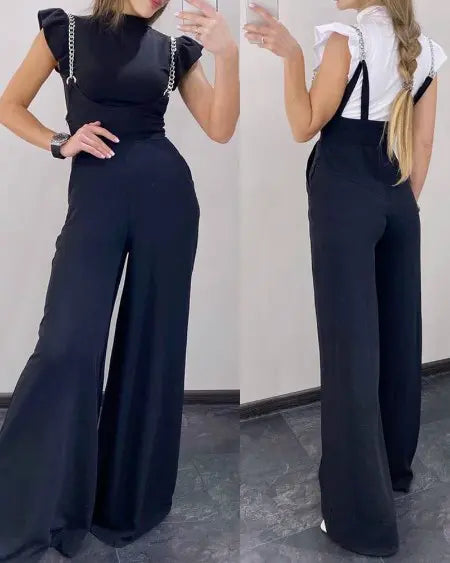 Wide Leg Suspender Pants with Chain Strap