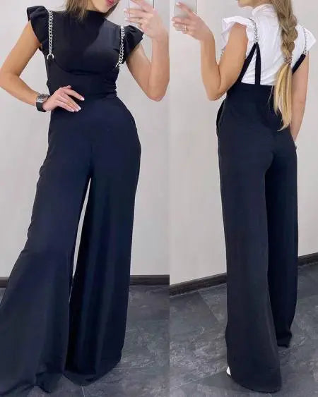 Wide Leg Suspender Pants with Chain Strap
