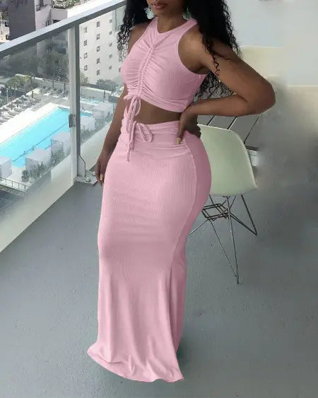 Ribbed Top & Skirt Set with Drawstring Detail