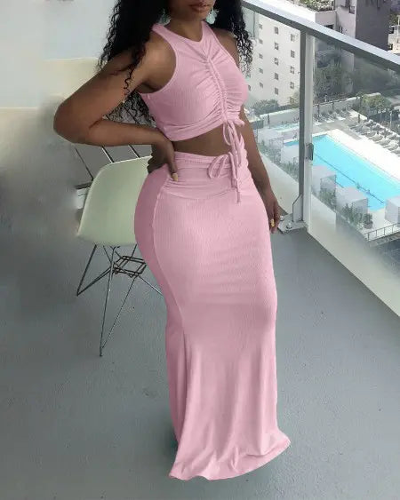 Ribbed Top & Skirt Set with Drawstring Detail