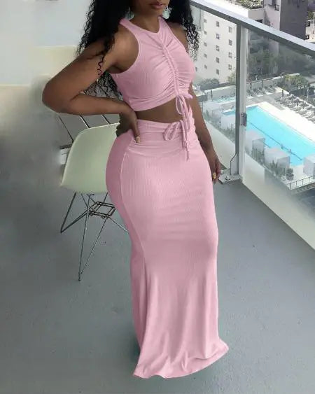 Ribbed Top & Skirt Set with Drawstring Detail