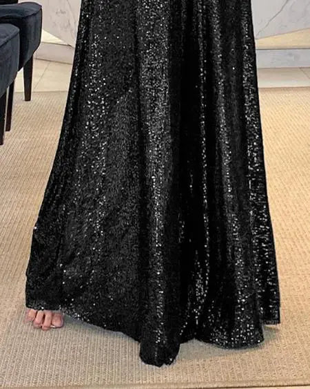 Broek met hoge taille, pailletten en wijde pijpen 