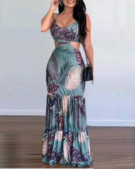 Cami maxi-jurk met uitsnijding, tropische print en ruches aan de zoom 