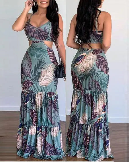 Cutout Cami Maxi Dress with Tropical Print and Ruffle Hem