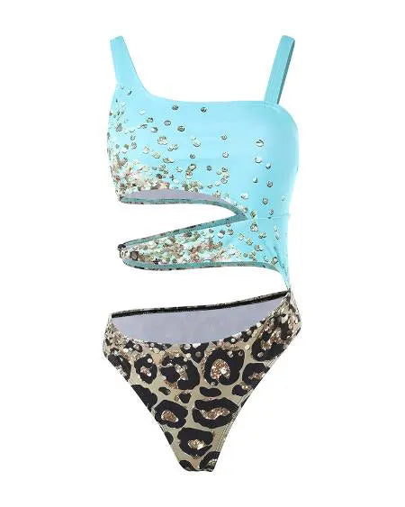 Badpak uit één stuk met contrast en uitsparing in luipaardprint 