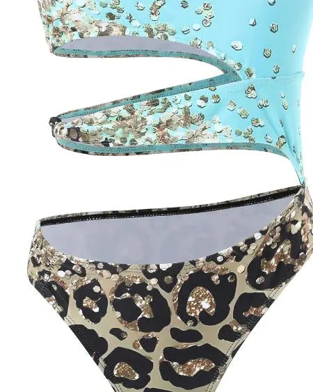 Badpak uit één stuk met contrast en uitsparing in luipaardprint 