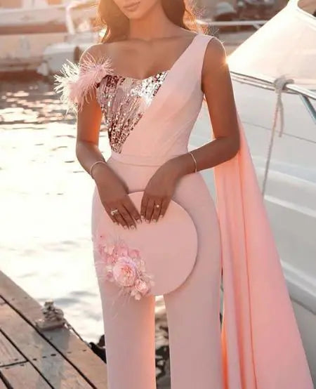Sequined Jumpsuit with Feathered Extra-Long Sleeves