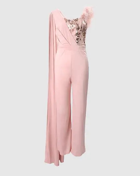 Sequined Jumpsuit with Feathered Extra-Long Sleeves