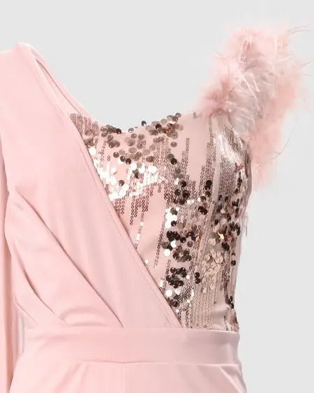 Sequined Jumpsuit with Feathered Extra-Long Sleeves