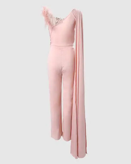 Sequined Jumpsuit with Feathered Extra-Long Sleeves