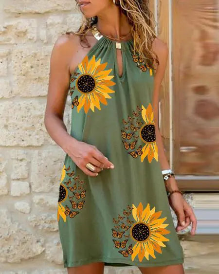 Sleeveless Dress with Sunflower Butterfly Print & Cutout Design