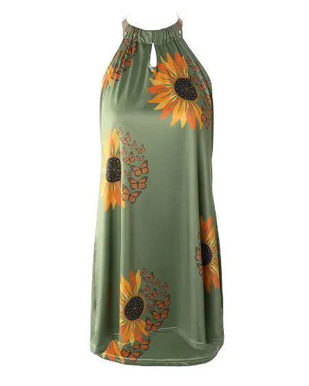 Sleeveless Dress with Sunflower Butterfly Print & Cutout Design