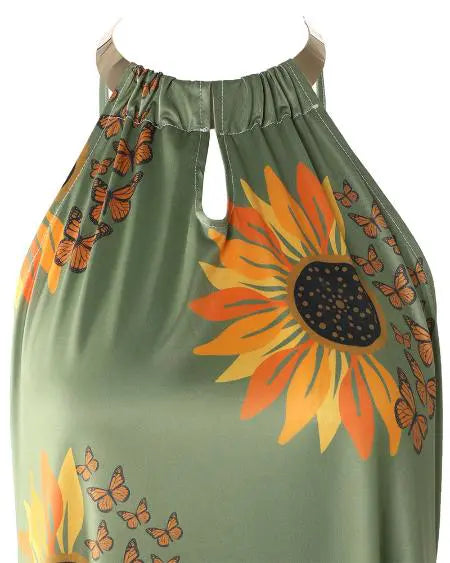 Sleeveless Dress with Sunflower Butterfly Print & Cutout Design