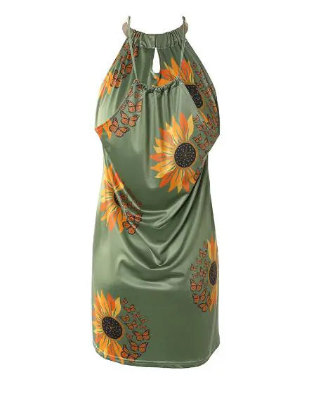 Sleeveless Dress with Sunflower Butterfly Print & Cutout Design