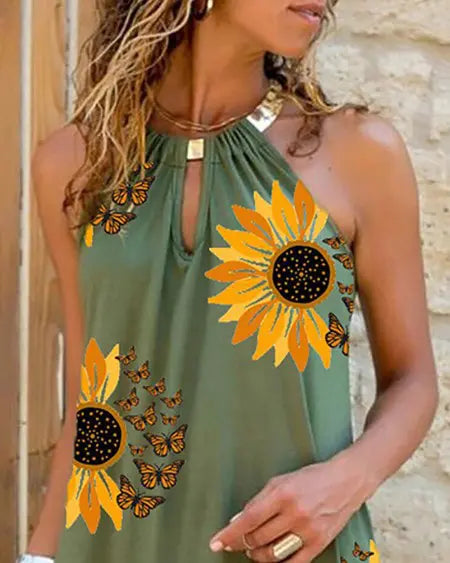 Sleeveless Dress with Sunflower Butterfly Print & Cutout Design
