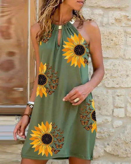 Sleeveless Dress with Sunflower Butterfly Print & Cutout Design