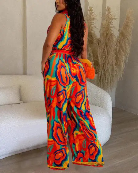 Wide Leg Jumpsuit with Multi-Color Abstract Print
