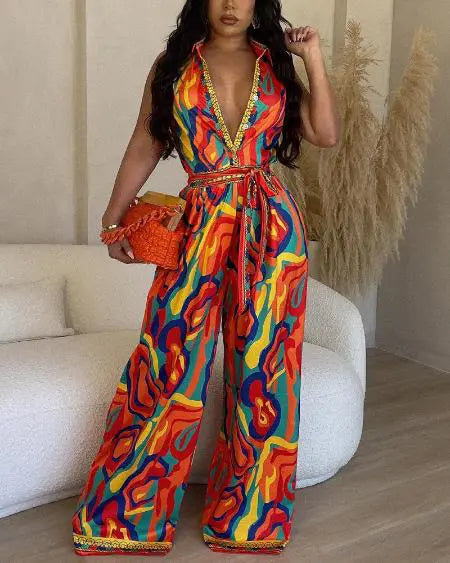 Wide Leg Jumpsuit with Multi-Color Abstract Print