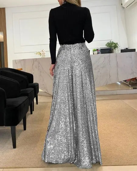Broek met hoge taille, pailletten en wijde pijpen 