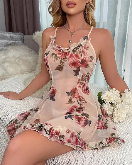 Vestido de noche floral con dobladillo con volantes 